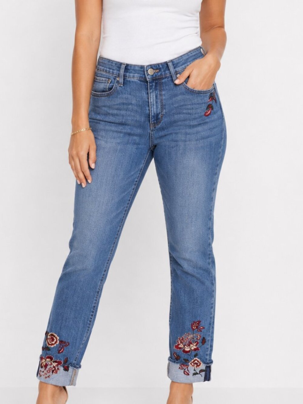 WHBM Floral Embroidered Jeans Women's 10 Mid Rise Everyday Soft Ankle Denim Boho